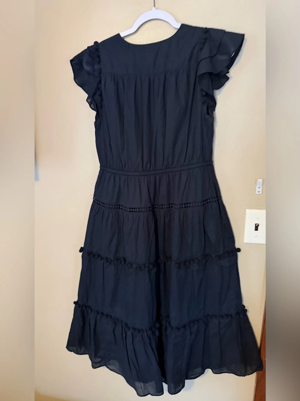 J. Crew Point Sur Black Pom-Pom Tiered Cotton-Voile Midi Dress